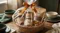 Festive hamper with branded jars and amber ribbon