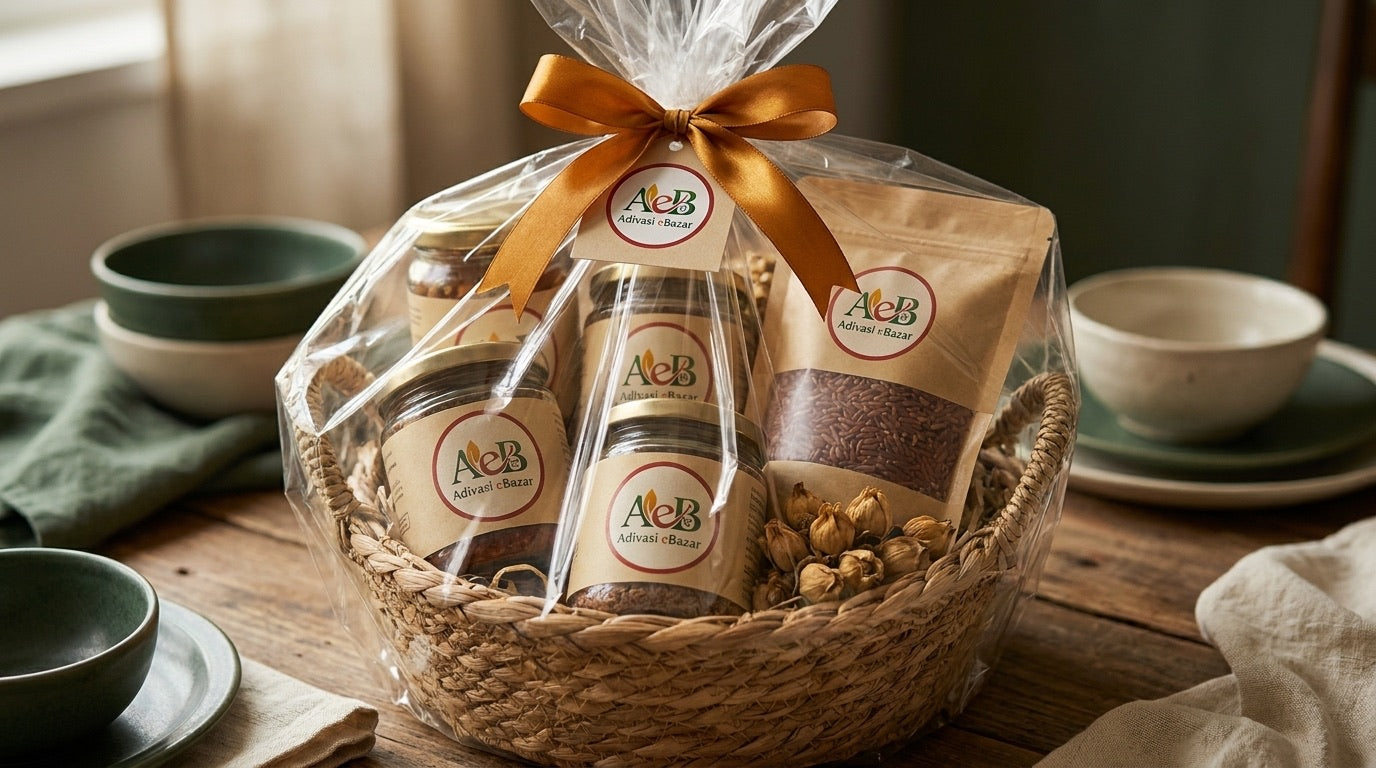 Festive hamper with branded jars and amber ribbon