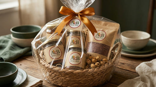 Festive hamper with branded jars and amber ribbon