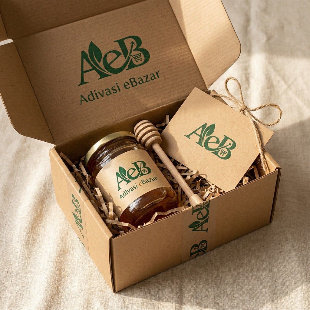 Hand-packed kraft box with honey jar and dipper