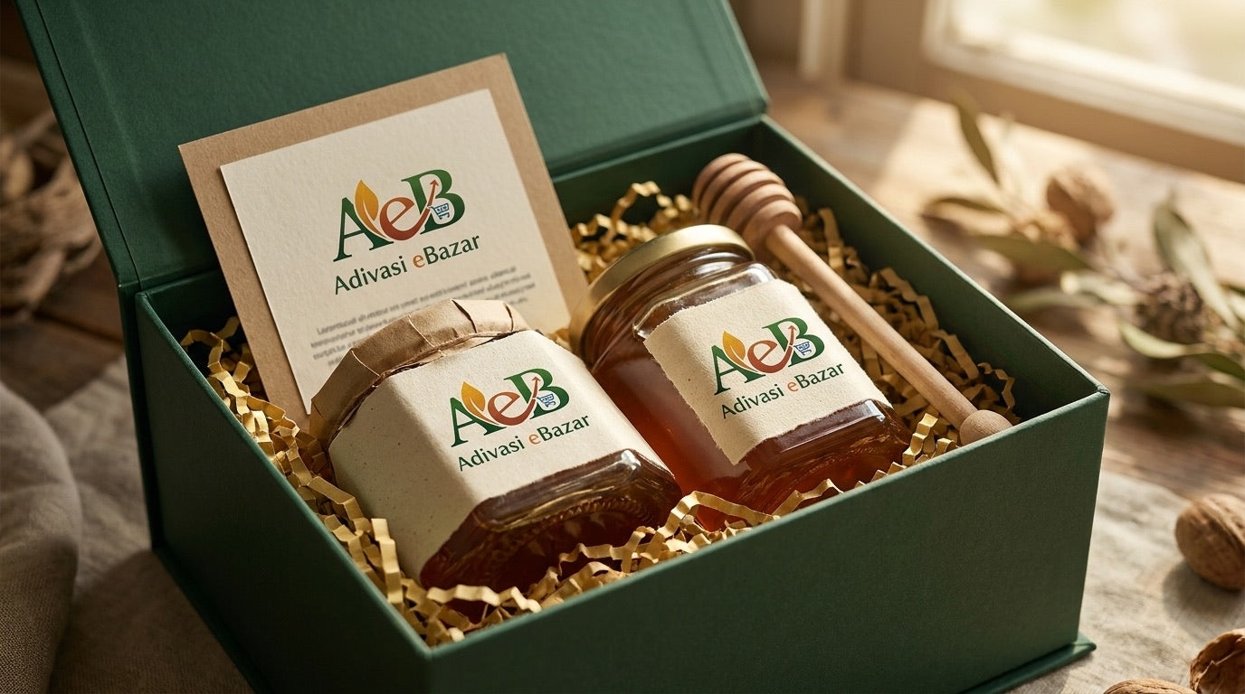 Opened gift box with honey jar in golden paper