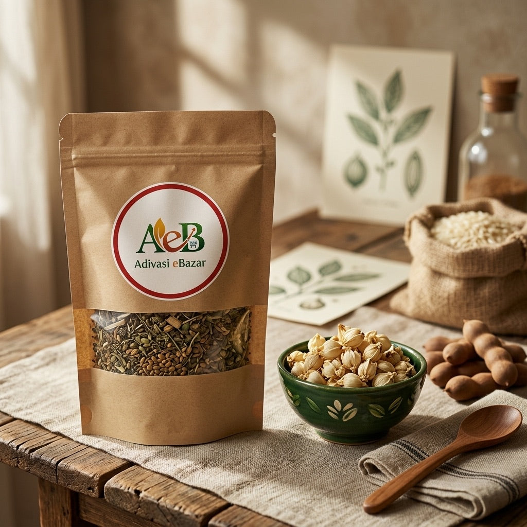 Wild Mahua Flowers pouch with Adivasi eBazar label