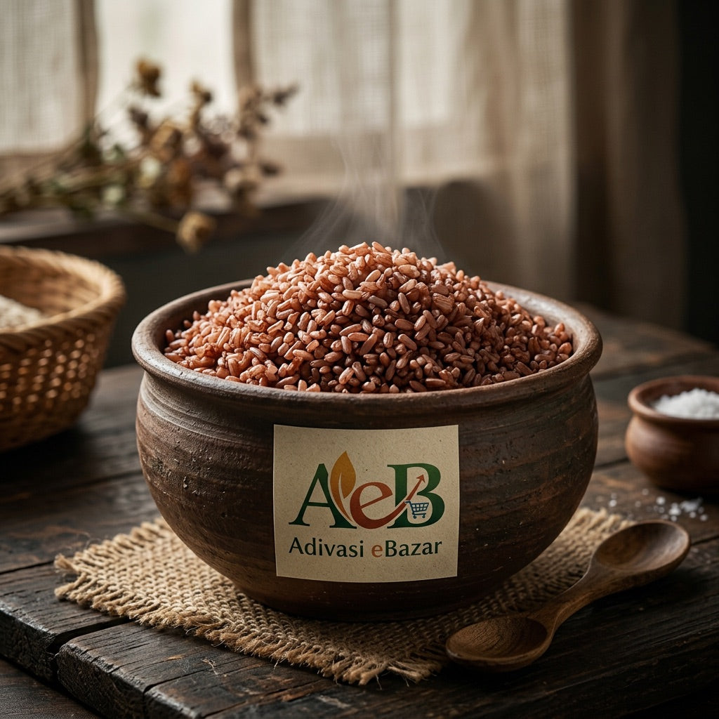 Cooked red rice in clay bowl