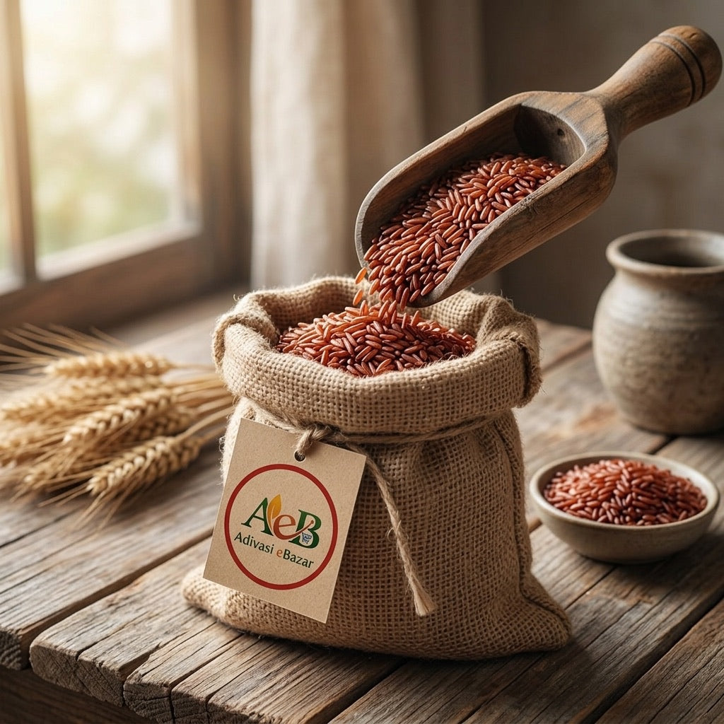 Red rice pouring from wooden scoop