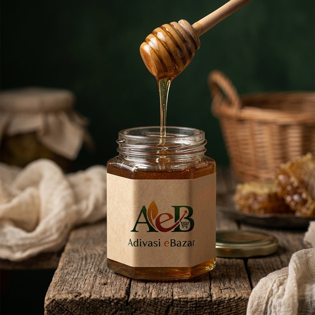 Honey dipper drizzling raw forest honey